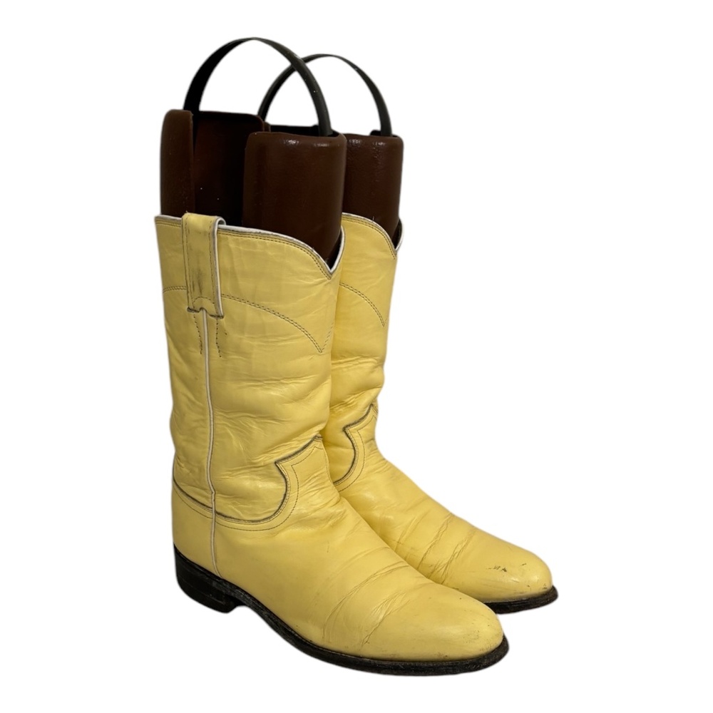 Size 7 C Vintage yellow short mid calf genuine leather women pull on roper boots